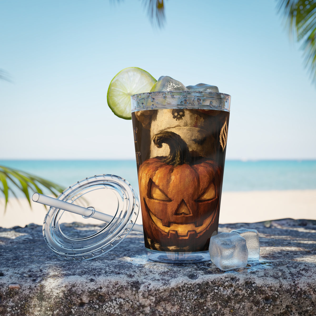 Halloween Pumpkin & Skulls 16oz Tumbler with Straw