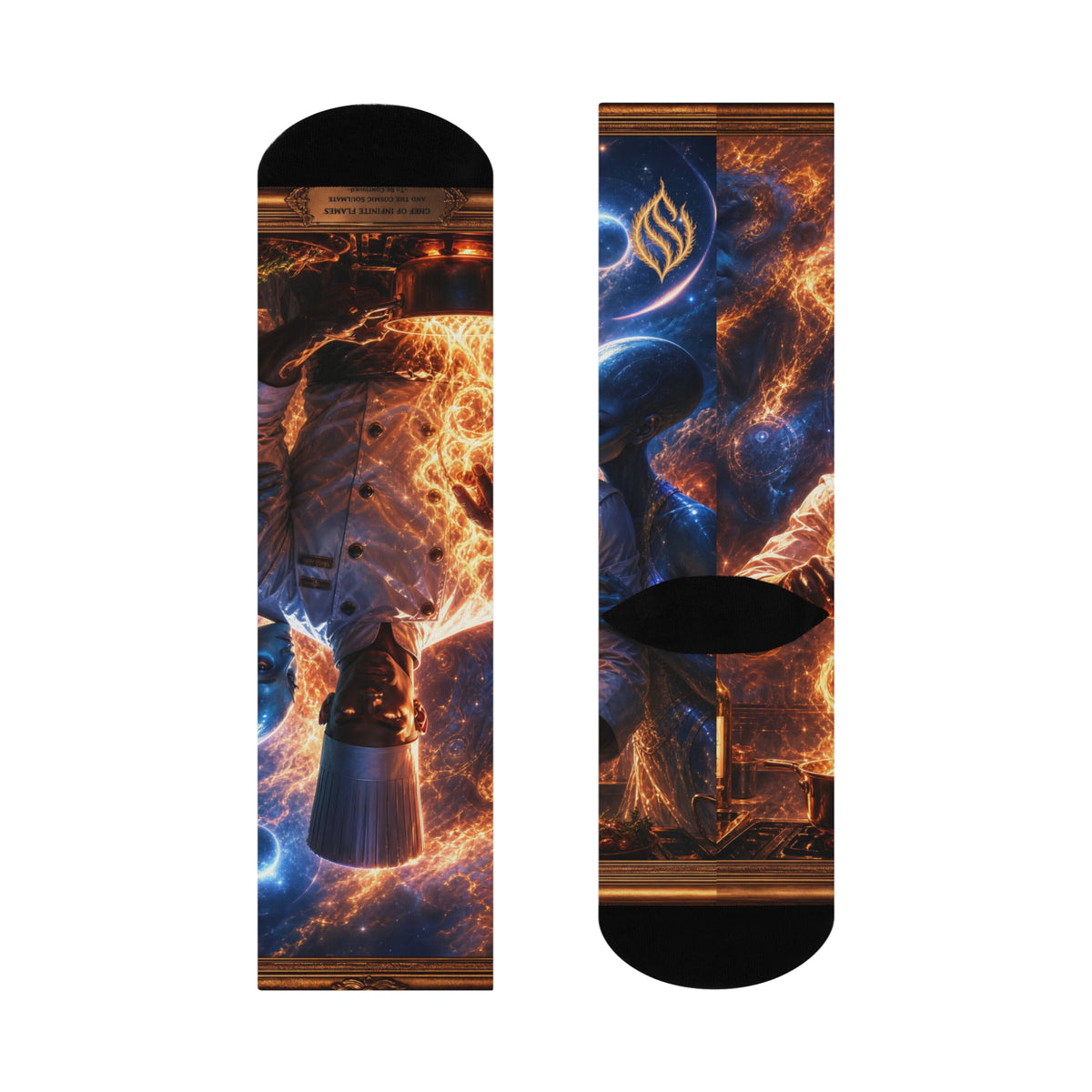 Taste Alchemist Cushioned Crew Socks — Fiery Cosmic Alien/Chef All‑Over Print