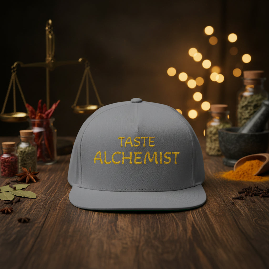 Embroidered Flat Bill Cap — "Knowledge of Cooking and the Passion to Do It Right"