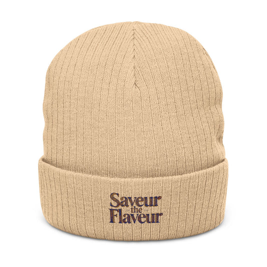 Ribbed Knit Beanie — “Saveur the Flaveur” Embroidered Chef Hat