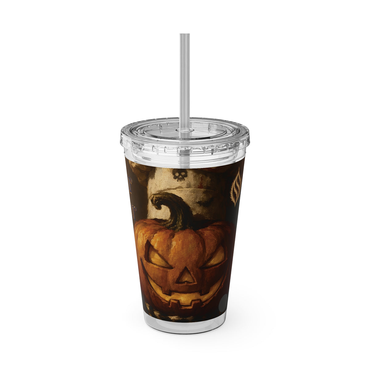 Halloween Pumpkin & Skulls 16oz Tumbler with Straw