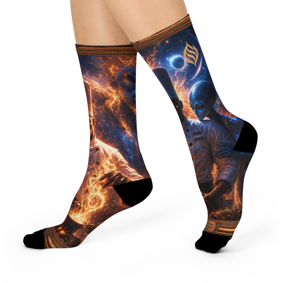 Taste Alchemist Cushioned Crew Socks — Fiery Cosmic Alien/Chef All‑Over Print