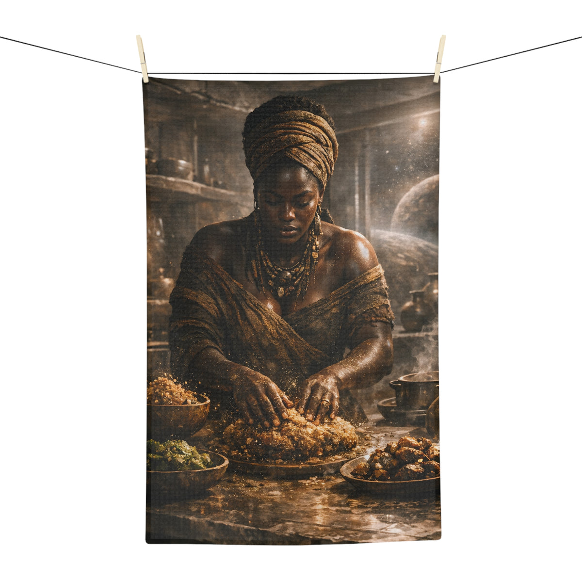 Afrocentric Artisan Kitchen Tea Towel — Rustic Black Chef Woman Design