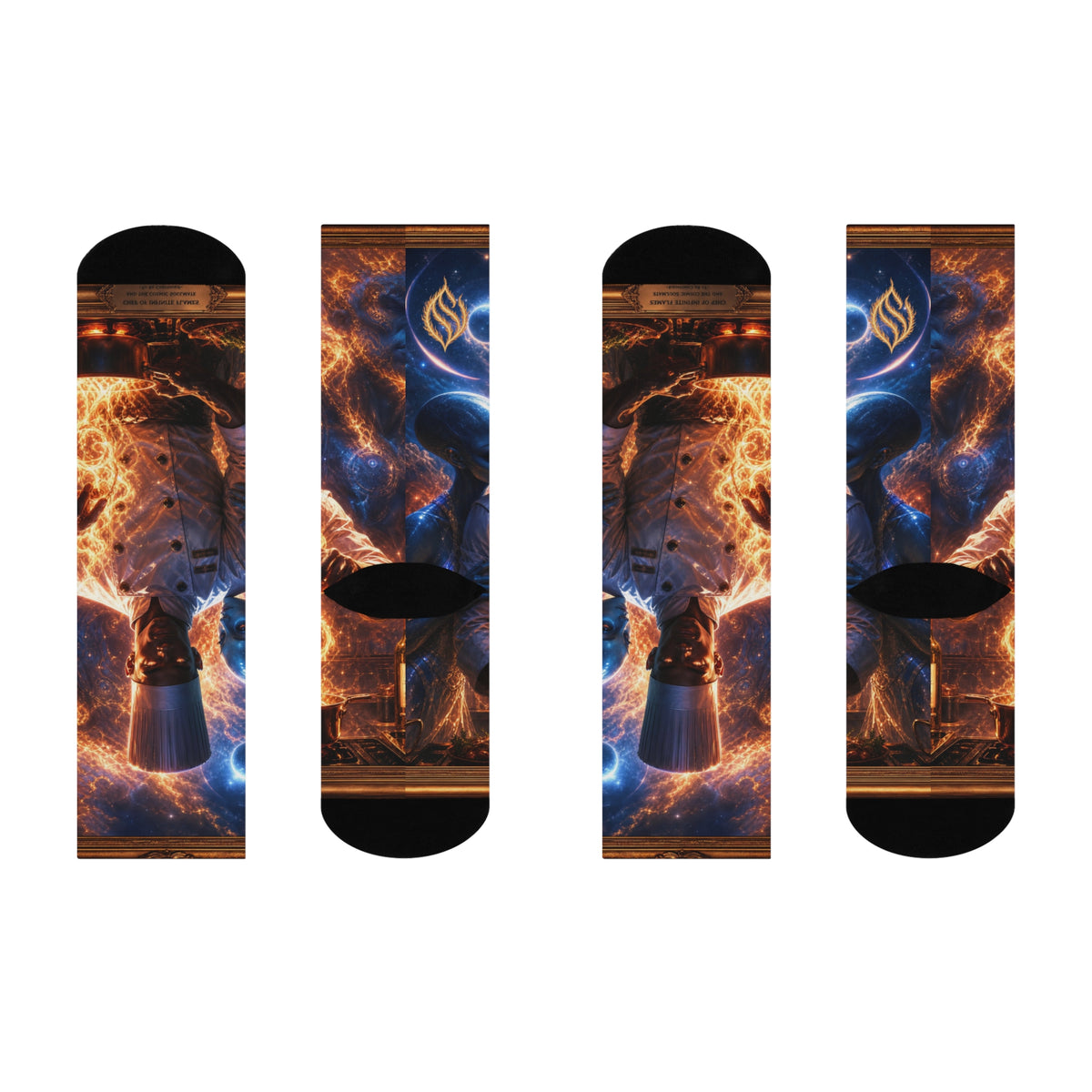 Taste Alchemist Cushioned Crew Socks — Fiery Cosmic Alien/Chef All‑Over Print