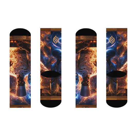 Taste Alchemist Cushioned Crew Socks — Fiery Cosmic Alien/Chef All‑Over Print