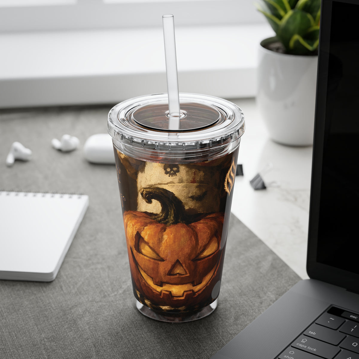Halloween Pumpkin & Skulls 16oz Tumbler with Straw