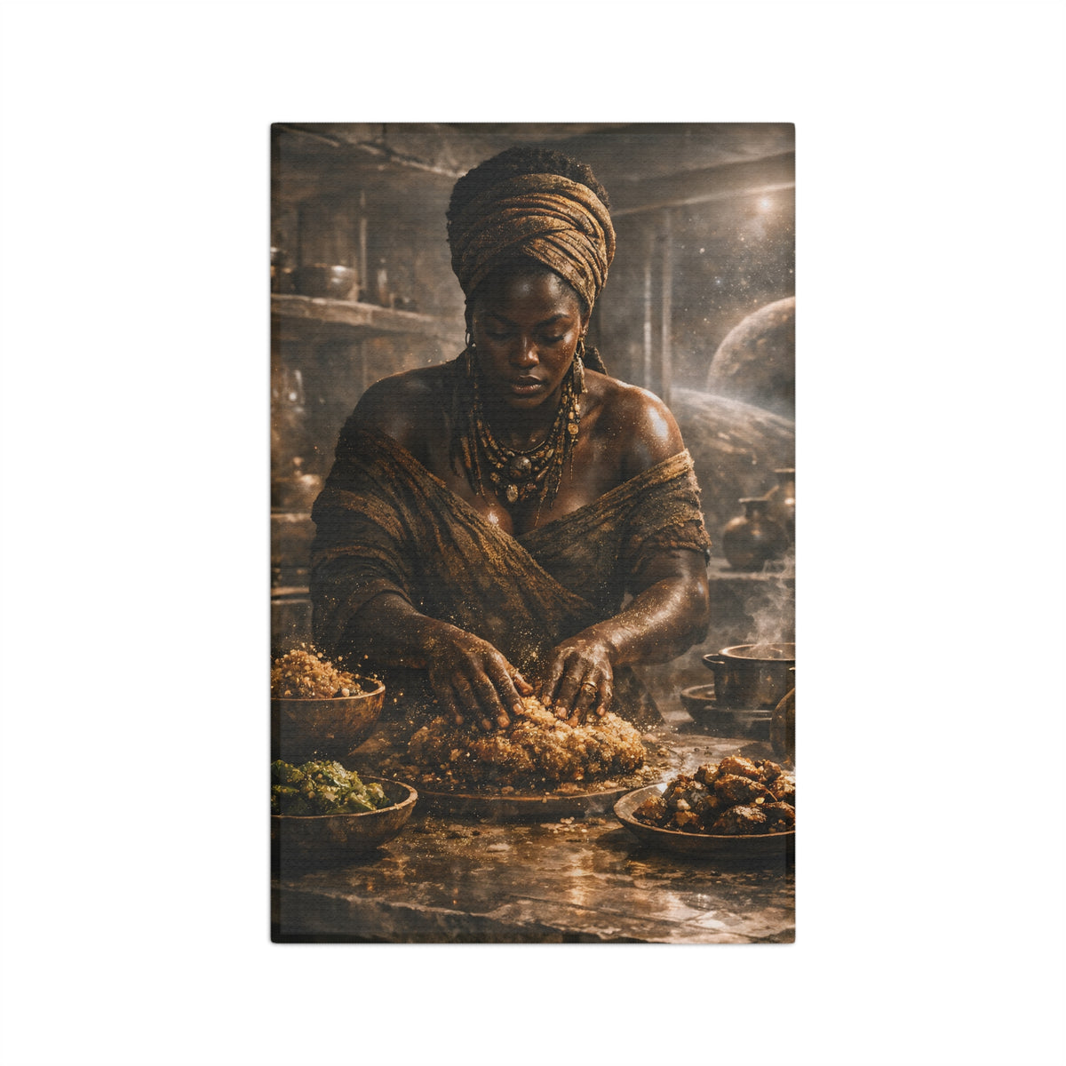 Afrocentric Artisan Kitchen Tea Towel — Rustic Black Chef Woman Design